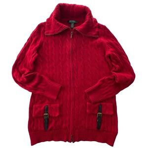 Lauren Ralph Lauren Sweater Women Large Red Cable Knit Zip Up Brass Buckles